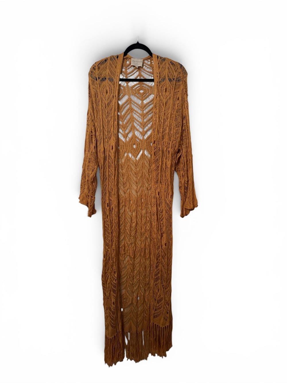 Long Crochet Fringe Kint Duster Cardigan - Rust Brown Sz Large